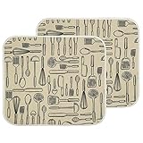 mDesign Ultra Absorbent Reversible Microfiber Dish Drying Mat and Protector for Kitchen Countertops, Sinks - Folds for Compact Storage, Large - Utensil Print - 2 Pack - Wheat/Ivory