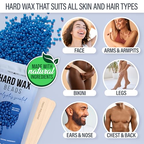 Image of Tress Wellness Award Winning Waxing Kit for Sensitive Skin - Safe for Face & Skin, Easy to Use - At-Home Kit for Face, Bikini, Brazilian & Full Body - Digital Display, Blue