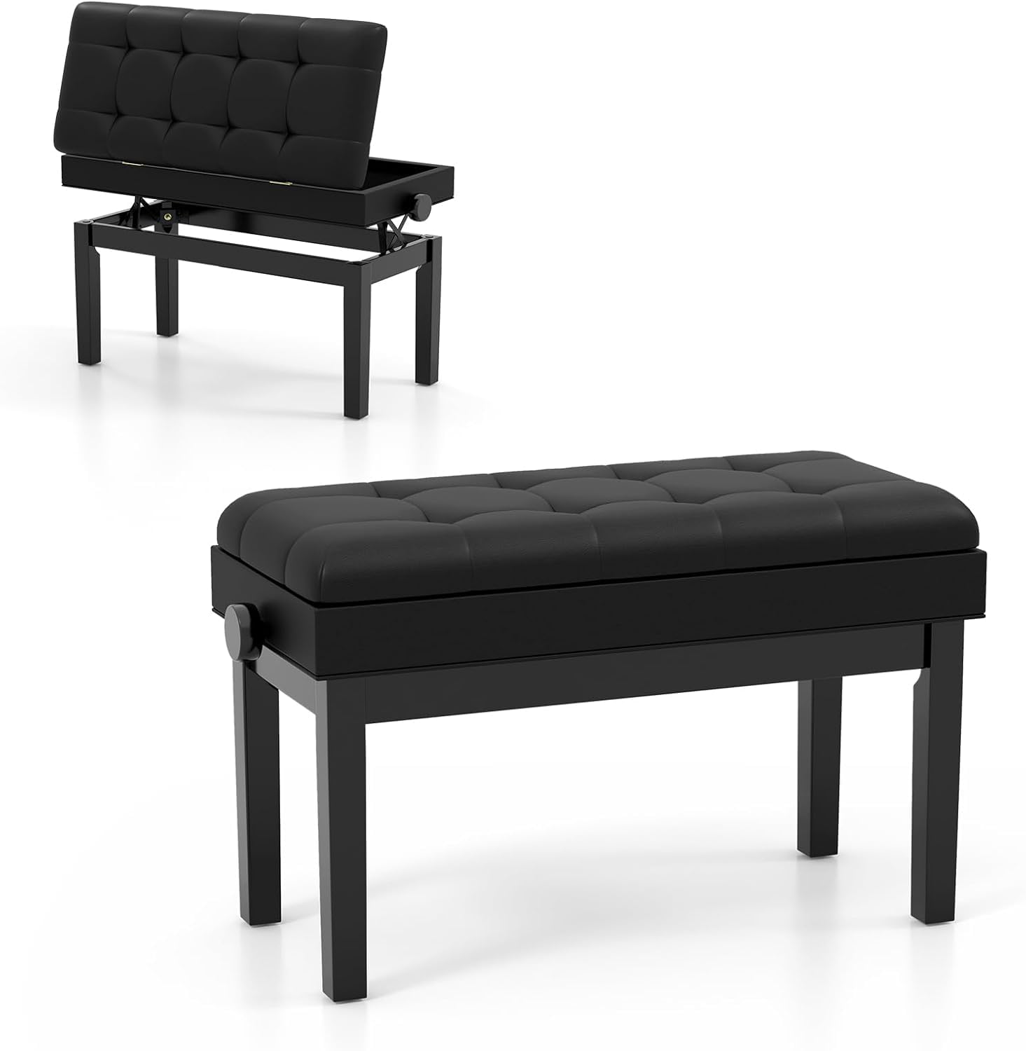 GIANTEX Banco para Piano con Altura Ajustable 48-58 cm, Banqueta Piano Tapizada para 2 Personas, Taburete con Espacio de Almacenamiento y Patas Antideslizantes, Negro