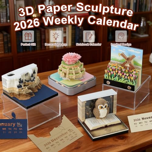 Aischens 3D-Kalender 2026, Kunstvoller Tischkalender mit Architektur-Motiv,Abreiß-Notizblock, Papierkunst-Notizblock, Geschenk für Weihnachten, Büro, Wohnraumdekoration (Eule-2026)