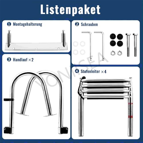 Poolleiter Edelstahl Bootsleiter Klappbar | 4 Stufen Badeleiter Ausziehbar 116 cm mit Rutschfesten Stufen Handlauf | Bootsleiter für Schwimmdeck, Pool, Boot | Traglast 220 kg