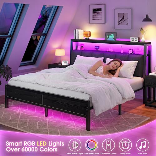 Image of Homkdom Queen Bed Frame with Charging Station and 12 inch Under-Bed Storage | 2AC Outlets&1USB-C&1USB-A,LED Linghts,Upholstered Storage Headboard,Noise-Free,No-Sliding,Supports up to 1000 lbs,Black