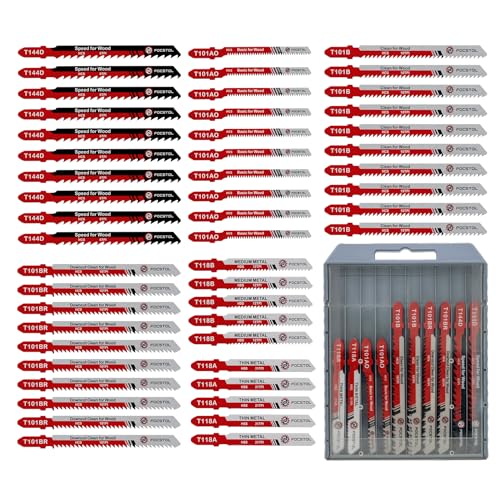 50PCS T-Shank Jigsaw Blades Set - FOCSTOL HSS/HCS Jig Saw Blades for Cutting Metal, Wood and Plastic (T118A,T118B,T101AO,T101B,T101BR,T144D)