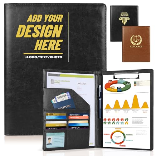 Personalized Padfolio Custom Leather Portfolio with Logo/Text/Photo Professional Business Portfolio A4 Letter Size Document Holder for Resumes Interviews Office Travel, Black