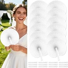 24 Pcs White Paper Fans Round Folding Handheld Fans with Plastic Handle, Wedding Guest Favors, Party Supplies, Church Event Bulk Pack, DIY Decorations