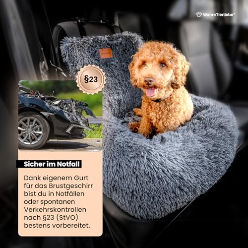 Wahre Tierliebe Hunde Autositz Fluffy inkl. Sicherheitsgurt - waschbarer Hundesitz Auto in schwarz/weiß für kleine, mittlere & große Hunde I Autositz Hund, Hundeautositz, Hund Auto, Hundebox