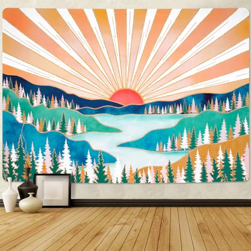 Krelymics Boho Sun Tapestry Bohemian Mountain Tapestry for Bedroom Aesthetic Sunset Tapestries Forest Tree Tapestry Nature Tapestry Wall Hanging for Living Room Classroom(51.2 x 59.1 inches)