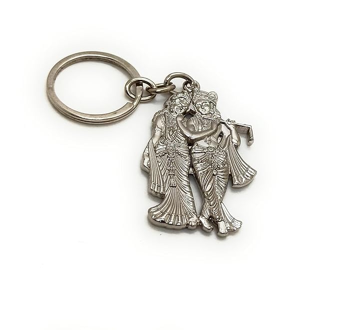 Lord Radha Krishna Metal Keychain - Silver Color - Religious Key Ring - Devotional Keepsake - Ideal Gift for Festivals and Spiritual Seekers