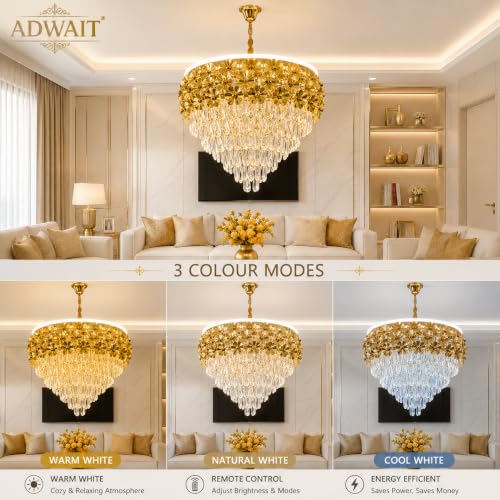 Image of TRIXY Flower Design Chandelier Lights For Ceiling Living Room | Hanging Golden Pendant Light 600MM Jhumar Lamp | K9 Crystals | 3 LED Color Changing (Warm White, Natural, Cool) | New Home & Decor Light