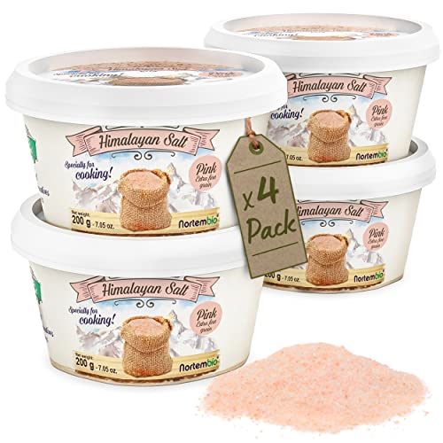 Nortembio Sal Rosa del Himalaya 4 x 200 g Extra Fina (0,5–1 mm) Origen Pakistán Sal Mineral Natural sin Refinar para Uso Culinario. Gratis eBook con Recetas!
