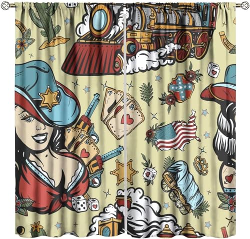 Cowgirl Blackout Window Curtain，American Western Old School Tattoo Style Wild West Cowboy Girl,Train,Sheriff Star Golden Horseshoe for Home Kitchen Restaurant Decoration Window Curtain 2Panel 42"W X 4