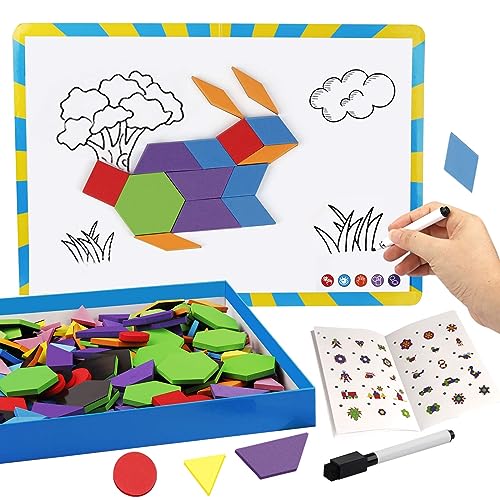 Vanmor 216PCS Magnetic Pattern Blocks Set Complete with 298 Pattern Book Magnet Board Magnetic Shapes for Kids Educational Montessori Tangram Toy for Children Aged 3 8 Portable Travel Game