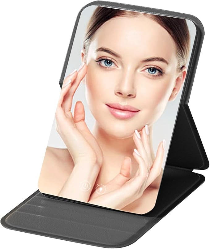 Image of Portable Folding Travel Mirror - Slim PU Leather Makeup Mirror with Adjustable Stand - Lightweight Pocket-Size Vanity Mirror for Purse, Desk, or Travel Use (7 x 10.5 cm) (Black)