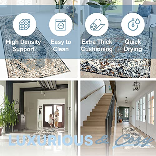 Microdry 8X10' Washable Modern Area Rug, Machine Washable For Easy Care, Stain Resistant Rug With Built-In Skid Resistant Backing, Perfect For Living Room, Bedroom, Kitchen, Lilah Blue #TOP4