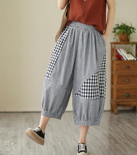chouyatou Women's Retro Plaid Wide Leg Cropped Pants Elastic Waist Capri Harem Pants with Pockets2