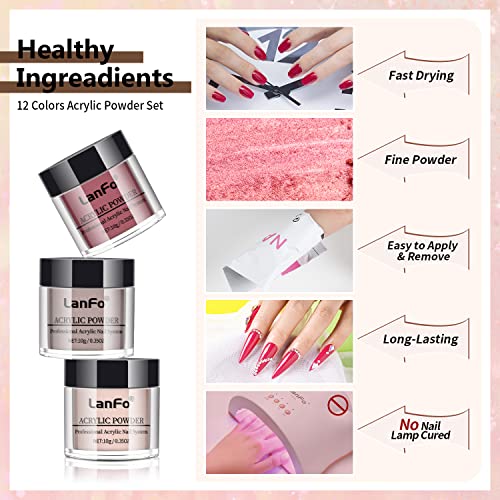 Lanfo Acrylic Powder Set 12 Colors Acrylic Nail Powder Glitter Black Brown Red Nail Acrylic Powder Professional Acrylic Nail Powder For Extension Carving Nail Kit Gifts No Nail Lamp Needed #TOP5