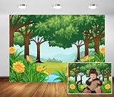 Loccor 7x5ft Fabric Cartoon Forest Backdrop Jungle Green Trees and Pond Lush Grass Floral Background for Kids Birthday Party Decorations Baby Shower Photo Props