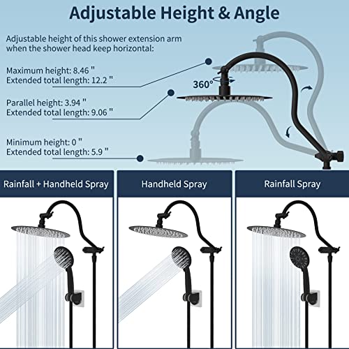 All Metal Shower Head,10 Inch High Pressure Rainfall Shower Head / Handheld Showerhead Combo/ 12 Inch Adjustable Curved Shower Extension Arm,7-Spray,71-Inch Hose Adhesive Showerhead Holder,Matte Black #TOP5