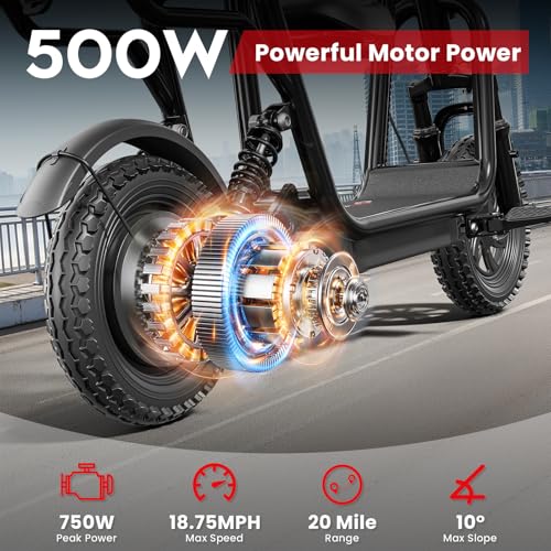 48V Electric Scooter with Seat, Adult Electric Scooters with Adult Seat, 500W Motor Peak 750W, 20 Miles, 18.75mph, Electric Scooter for Adults, Dual Braking System, 14' Tires