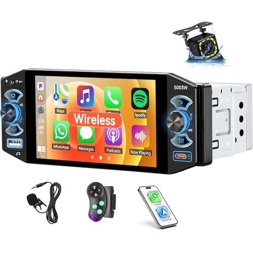 SIXTOP Autoradio 1 DIN écran IPS 5 Pouces avec Carplay sans Fil Android Auto MirrorLink Bluetooth 5.2 FM/AM/RDS Radio SWC EQ Port USB Type-C Caméra de Recul