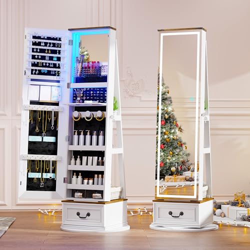 LVSOMT LED Mirror Jewelry Cabinet Standing, 360°Swivel Jewelry Armoire with Full Length Mirror, Mirror with Jewelry Storage and Large Wooden Drawer for Christmas Gifts (Farmhouse White)