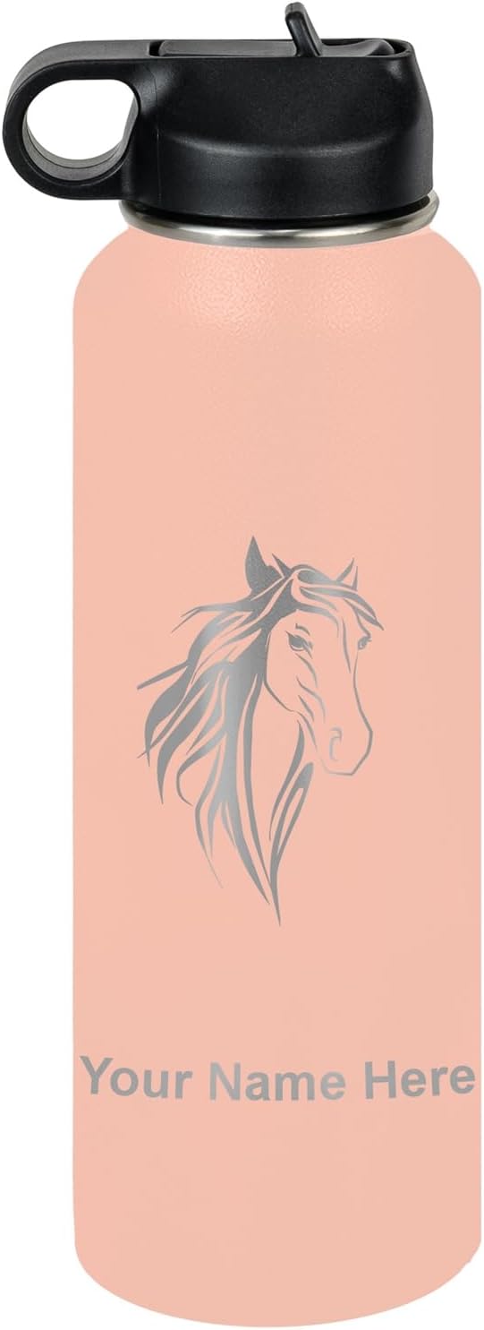 LaserGram Personalized Water Bottle, Horse Head 3, Stainless Steel Double Wall Vacuum Insulated with Flip Top Straw, Custom Engraved Gift (40oz / 1180ml Coral)