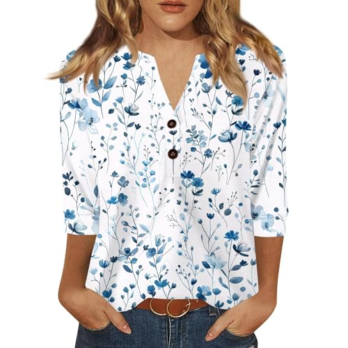 Womens Blouses 3/4 Sleeve Vintage Floral Business Shirts V Neck Button Down Blouses Relaxed Fit T-Shirts Fall Clothes