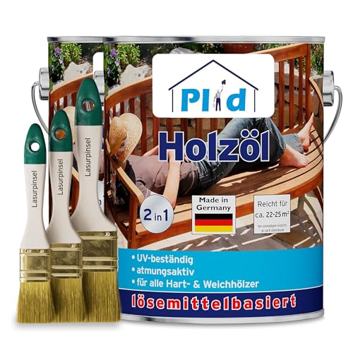 Plid® Holzöl Pflegeöl Holzschutz Imprägnieröl Gartenmöbel Teakholzöl Holzlasur Holzschutzöl Holzpflegeöl Holz Öl Außen zum Holzschutz für alle Hart- und Weichhölzer Farblos 5l - Pinselset