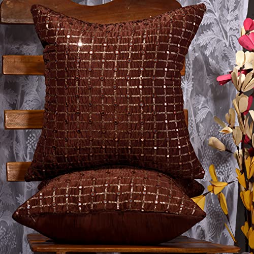 Image of Brown Cushion Covers with Embroidery Work, Embroidered Cushion Cases 18x18 Set of 2, Silk Pillow Covers for Sofa and Couch, Fancy Kushan 18 inches