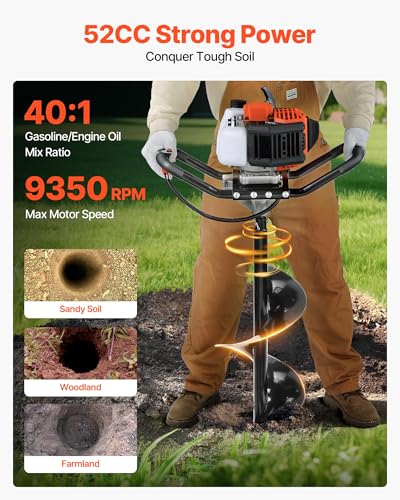 Image of VEVOR Gas Powered Post Hole Digger, 52cc Post Hole Auger with 6 inch & 10 inch Bits, 3 Extension Rods, 1450W Heavy-Duty Earth Auger for Fence Posts, Deck /Pergola Posts, Plant /Tree Planting, EPA Listed