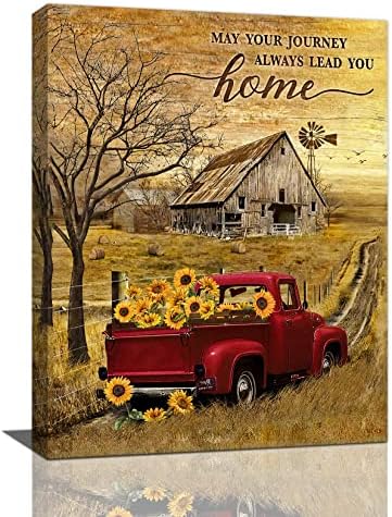 Farmhouse Bathroom Wall Art Rustic Red Truck Sunflower Bathroom Pictures Wall Decor Country Old Barn Windmill Painting Canvas Prints Modern Home Framed Artwork Decorations for Kitchen Bedroom 12"x16"