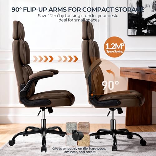 Image of Office Chair with Adjustable Headrest - Executive Leather Desk Chair for Home Office, with Flip-Up Arms & Ergonomic Lumbar Support, Perfect for Work and Study, Brown