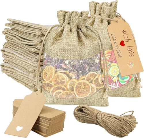 50 sacs en toile de jute transparents avec cordon et étiquettes pour cadeaux