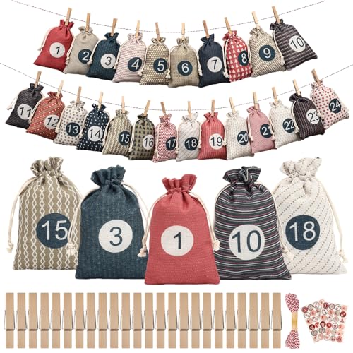 Gucass 24 Adventskalender zum Befüllen, 2025 Weihnachtskalender Stoffsäckchen Selberfüllen, DIY Adventskalender Selbst Basteln Stoffbeutel, Weihnachten Advents Säckchen für Kinder Frauen Mädchen