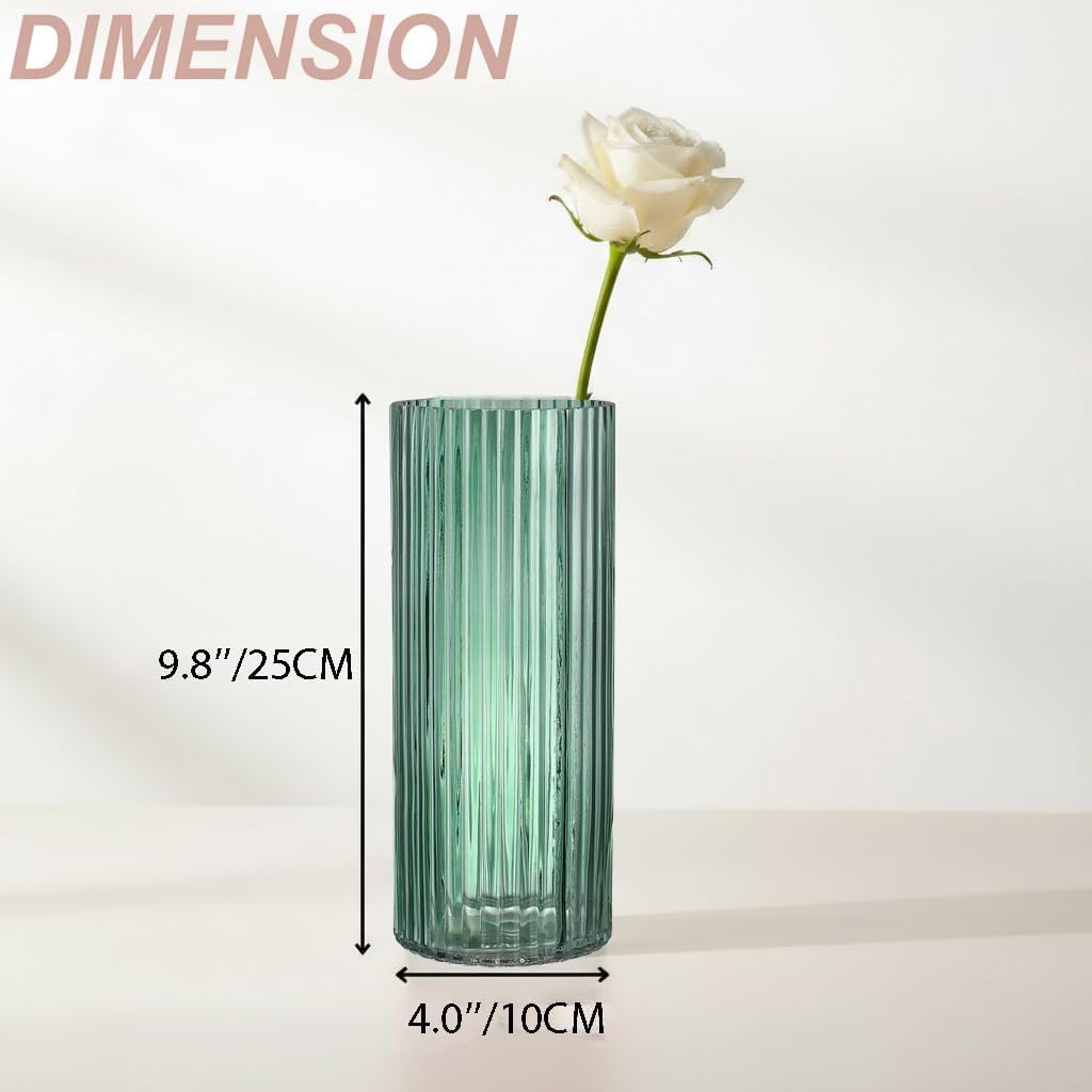 Green Glass Vase, Glass Flower Vase, Ribbed Glass Vase, Green Vase, Tall Cylinder Glass Vases for Centerpieces, Living Room, Bedroom, Dining Table, Office, Wedding, Bookshelf, 10 Inches