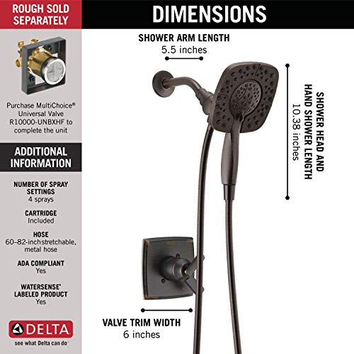 Image of Delta Faucet Ashlyn 17 Series Dual-Function Shower Trim Kit with 2-Spray Touch-Clean In2ition 2-in-1 Hand Held Shower Head with Hose, Venetian Bronze T17264-RB-I (Valve Not Included)