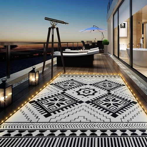 Waterproof Outdoor Rug 5x8ft, Bohemia Reversible Plastic Straw Mat for Patio RV Deck Porch Backyard Balcony Camping Picnic Beach Indoor Outdoor Carpet, Black&White Bohemia (Black&white) 5 x