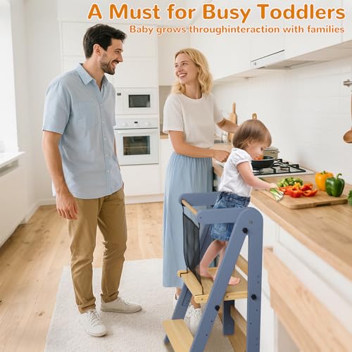 Image of ROOMTEC Foldable Toddler Kitchen Tower, 3 Adjustable Height Wooden Step Stool, Toddler Standing Tower with Safety Net (Gray)