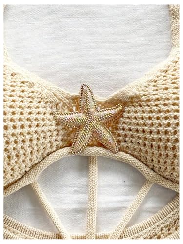 Image of GORGLITTER Women's Vacation Outfit Crochet Halter Knit Bubble Mini Dress Sexy Beach Cruise Summer Miami Resort Outfits Apricot Starfish X-Small