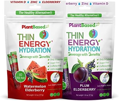 Thin Energy Hydration - Hydration Powder Packets - Electrolyte - Sugar Free -Caffeine Free-Gluten Free-Keto Friendly - Plant Based Mix - Watermelon and Plum Elderberry - 20 Stick Bundle