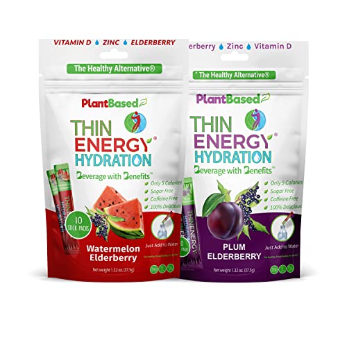 Thin Energy Hydration - Hydration Powder Packets - Electrolyte - Sugar Free -Caffeine Free-Gluten Free-Keto Friendly - Plant Based Mix - Watermelon And Plum Elderberry - 20 Stick Bundle #TOP2