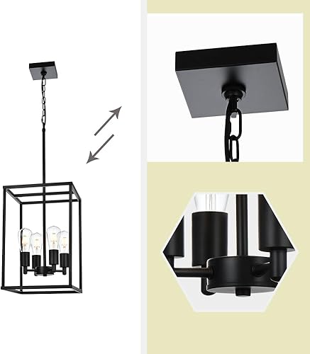 Miniatura 3 de eluze Candelabro moderno de 4 luces con colgante de farol cuadrado negro para comedorcocina, lámparas colgantes con jaula de metal ajustable