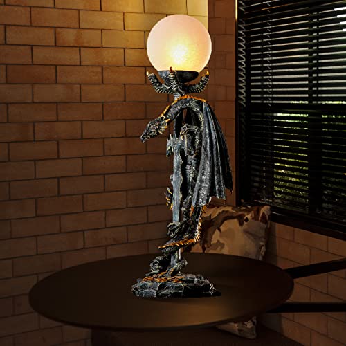Parsaho Gothic Medieval Mythic Guardian Gold Coin Dragon Sword Holding A Textured Glowing Ball Statue Table Lamp Halloween Decor Resin Special Home Bedroom Decor Gift 11.4X10.2X30.8 Inches #TOP6