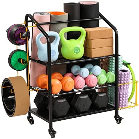 Matrix-Athletic Yoga Mat Storage Rack - Home Gym Workout Organizer for Yoga Brick, Block, Roller, Dumbbell, Weight, Kettlebell, Resistance Band, and More - Fitness Exercise Training Equipment Storage Cart with Hooks and Wheels