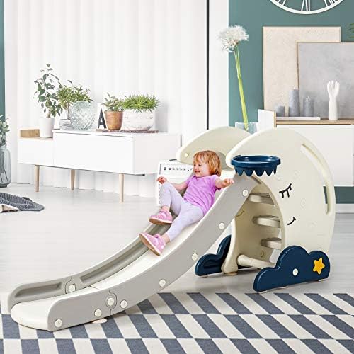 GYMAX Folding Kids Slide, Freestanding Activity Slide with Basketball Hoop, Plastic Children Playground Toy for Indoor and Outdoor