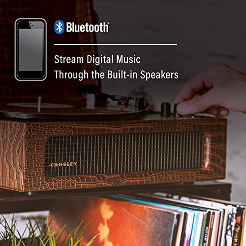Image of Crosley CR8017B-BR Voyager Vintage Portable Vinyl Record Player Turntable with Bluetooth in /Out and Built-in Speakers, Brown Crocodile