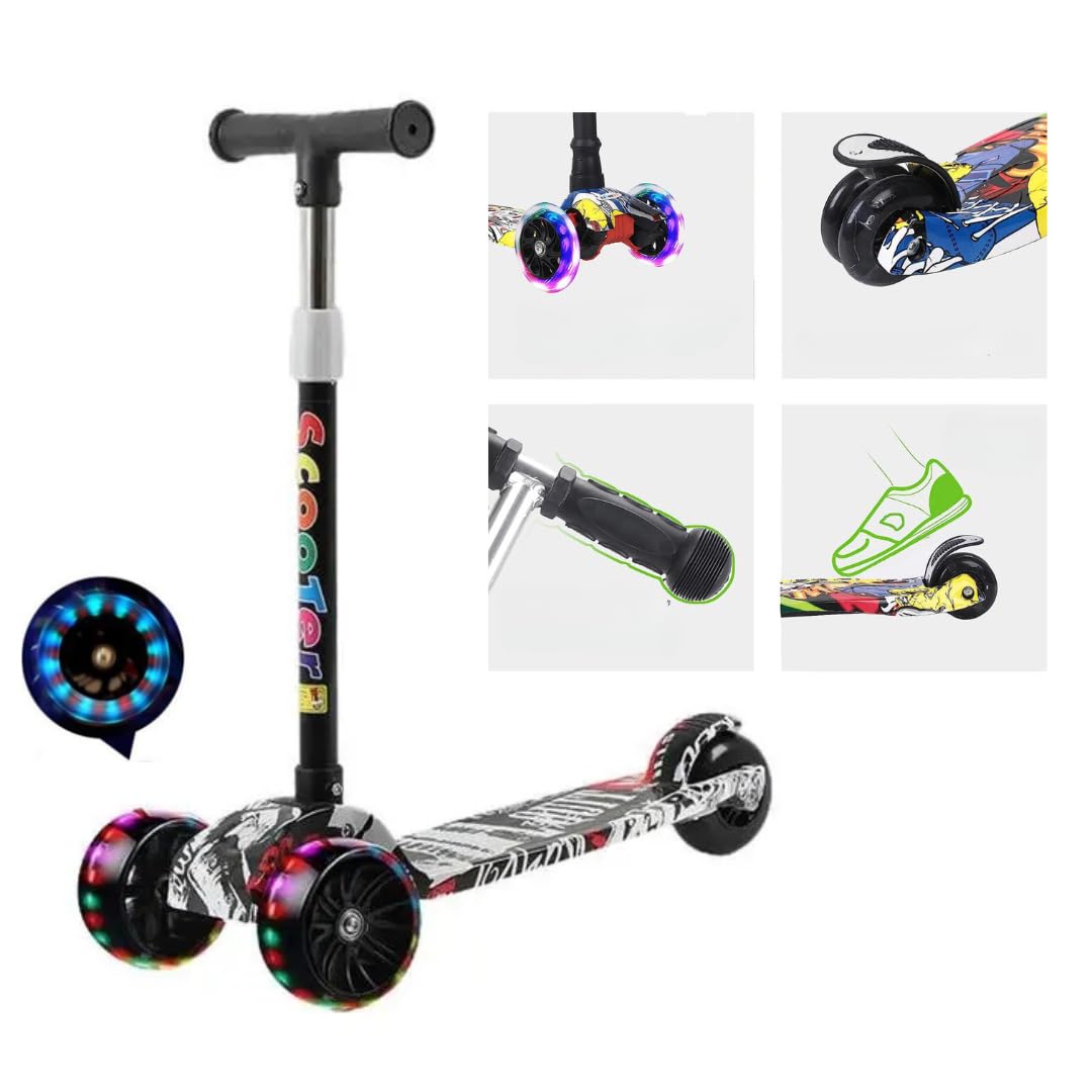 Kids Scooter Black 3 Wheels Scooter For Kids, Adjustable Handlebars, Light Wheels With Scooters, Gifts 3-8 Years Old Multifunction Foldable Kids Scooter