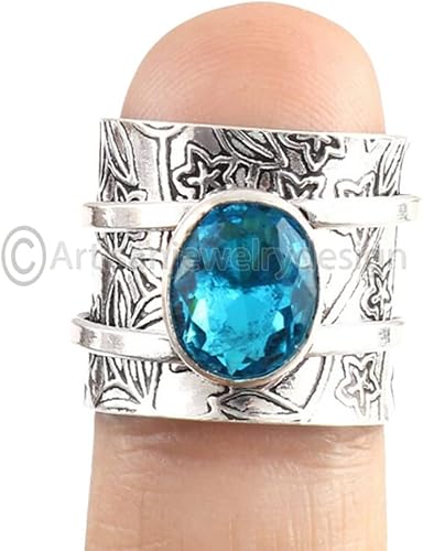 Blue Topaz Silver Spinner Ring for Women, Handmade 925 Sterling Silver Jewelry, Chunky Fidget Band, Spinning Meditation Ring, Boho Yoga Statement