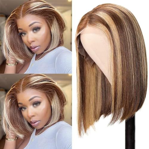 ZBYXPP Straight Bob Wig Human Hair, Full Frontal Bob Wig 13X4 Lace 200% Density Short HD Frontal Glueless Wigs(#4/27,12inch(30cm))