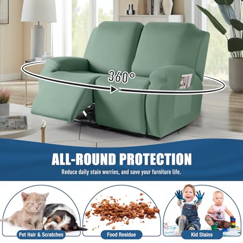 Image of TAOCOCO Recliner Loveseat Slipcover, 2 Pieces Polyester Fabric Stretch Sofa Covers for 2 Seat Reclining Couch, Soft Washable Furniture Protector with Pockets (2 Seat, Bean Green)